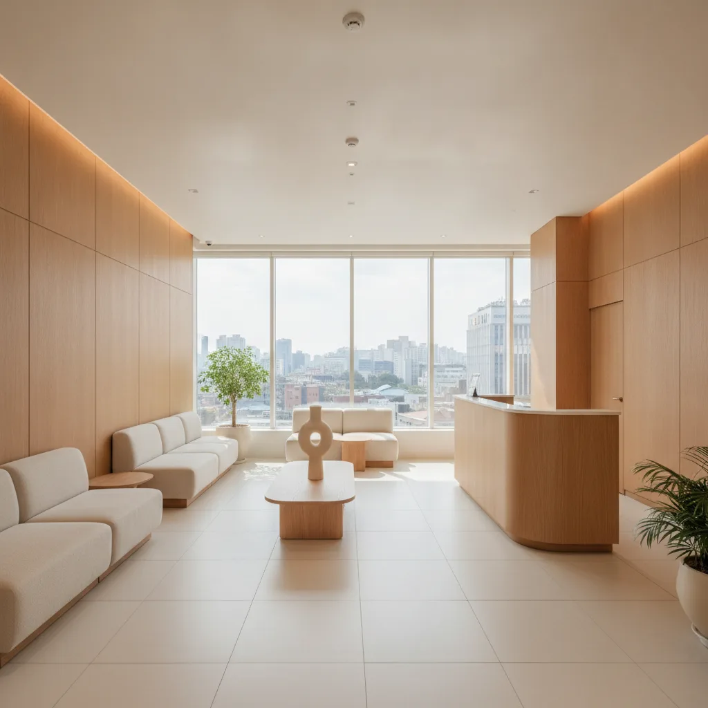 Modern aesthetic clinic reception on a high floor in Hongdae Seoul with warm wood paneling and soft daylight
