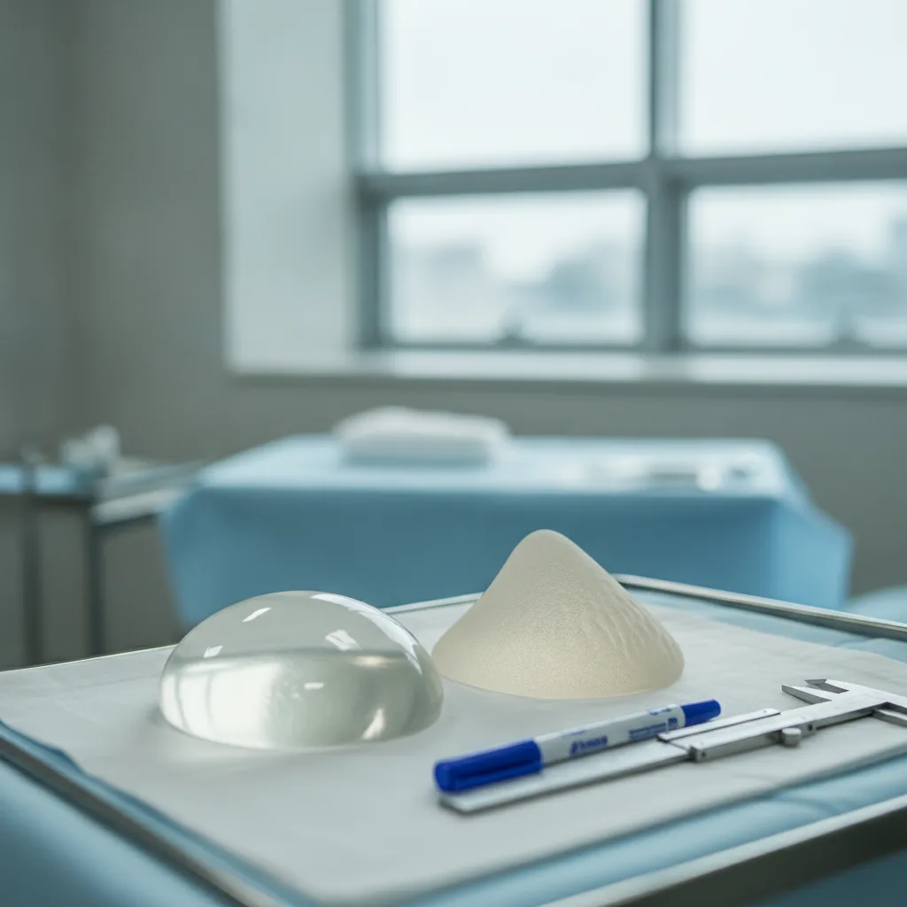 Two silicone breast implants on a white surgical tray, one smooth round and one textured anatomical, next to a surgical marker