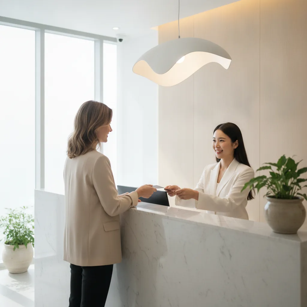 Western patient handing a credit card to a Seoul aesthetic clinic receptionist