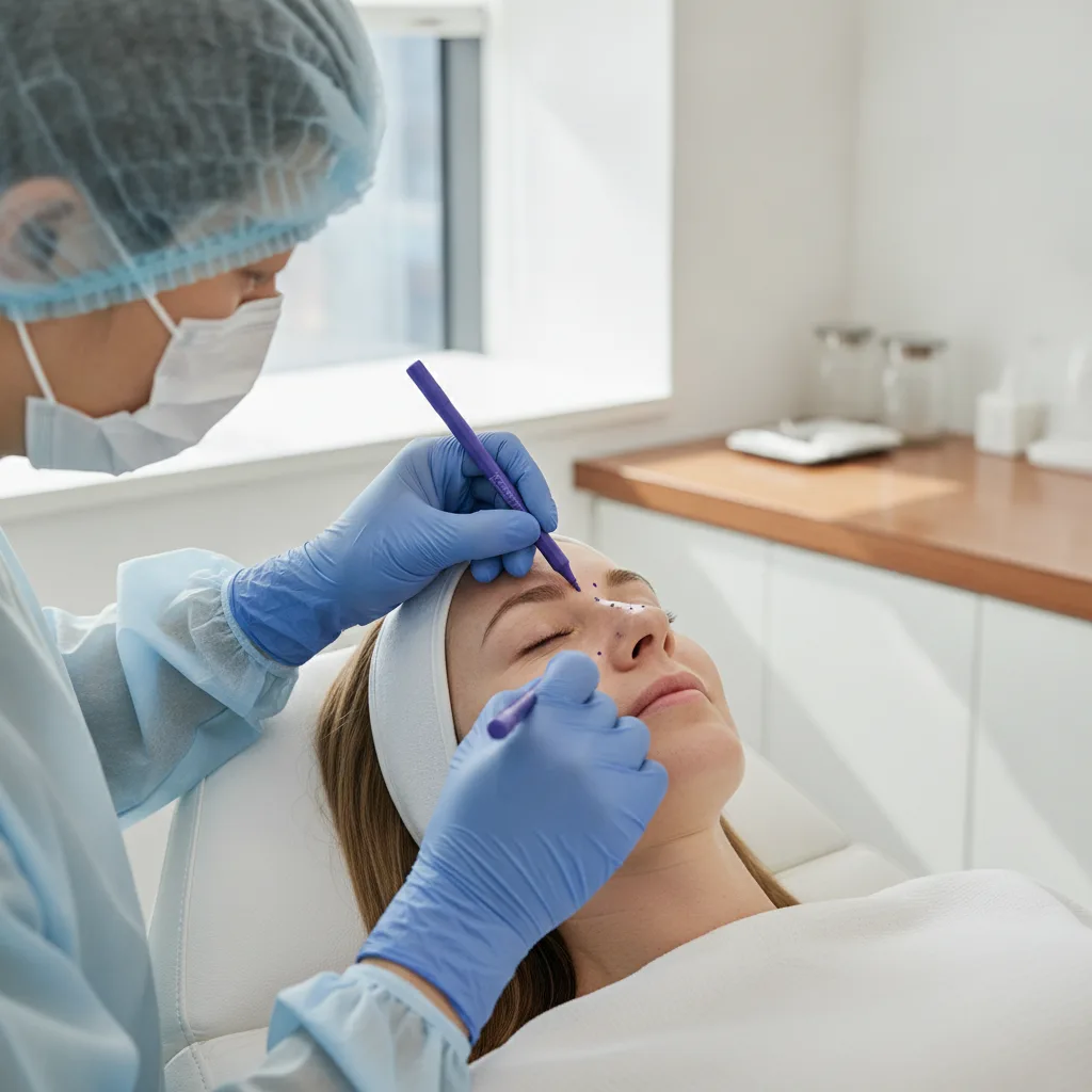 Korean rhinoplasty surgeon marking surgical pen points on the nasal bridge of a Caucasian woman during a Seoul consultation
