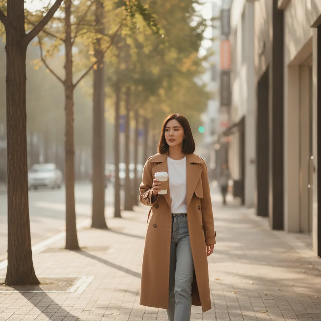 Thai woman in a camel coat walking down an Apgujeong Rodeo street in Seoul holding a coffee
