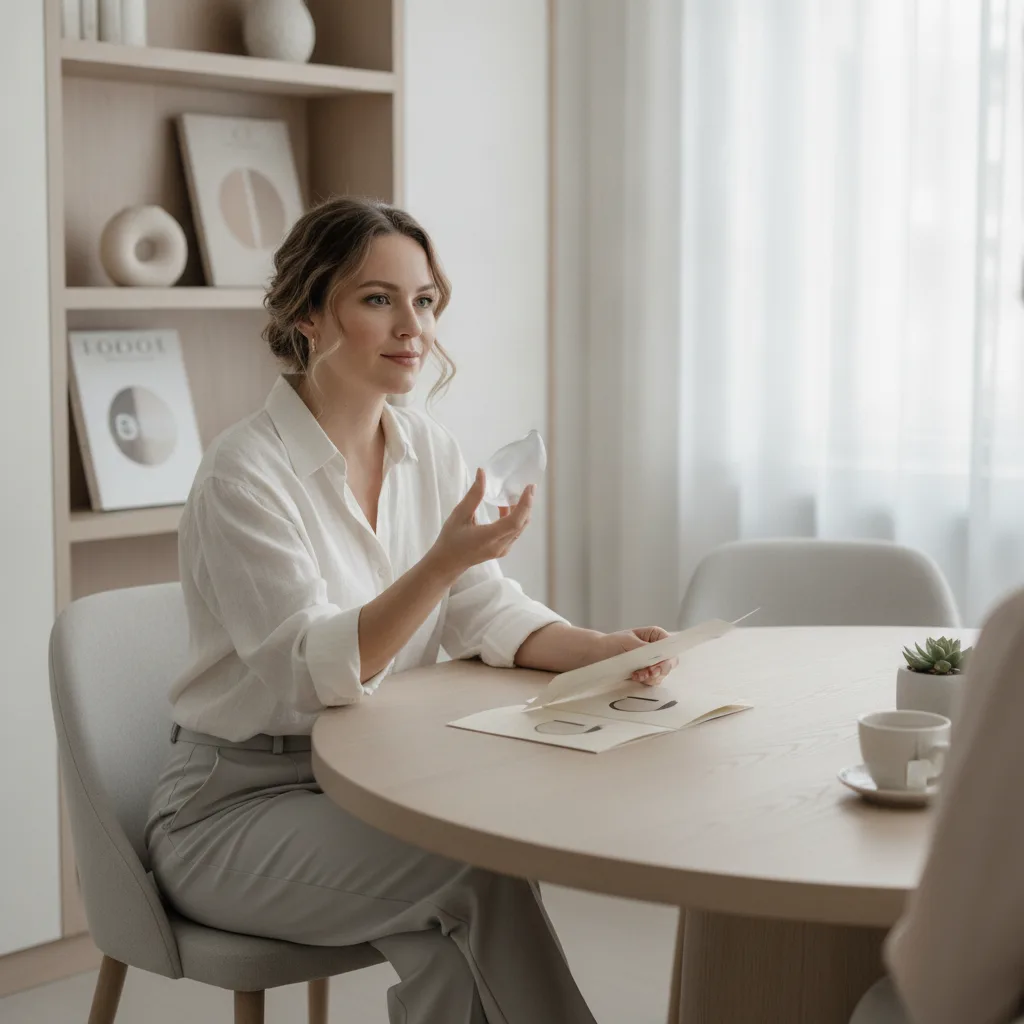 Woman reviewing implant sizers and consultation brochures in an Apgujeong plastic surgery clinic consultation room