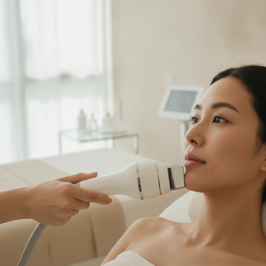 Ultherapy HIFU handpiece during a jawline treatment at a Gangnam clinic