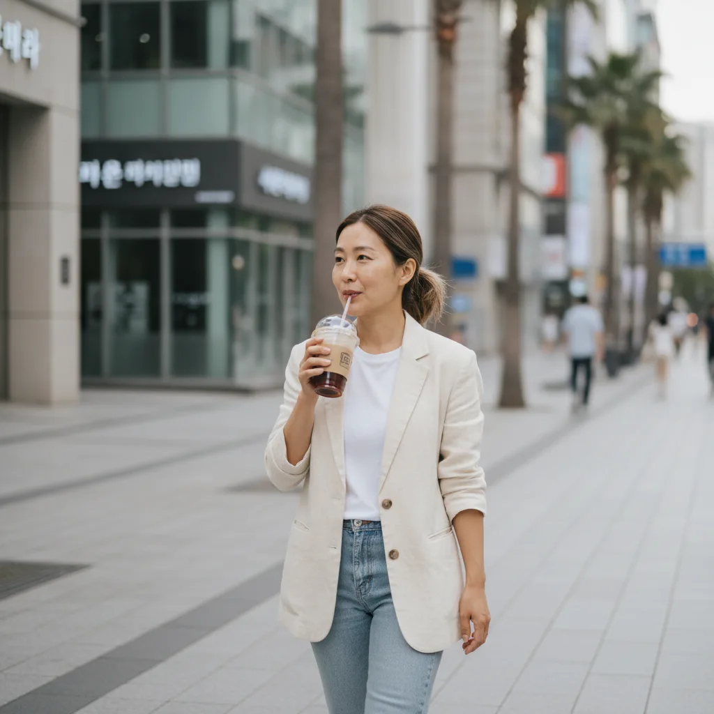 Patient walking past clinic signage on Gangnam-daero near Yeoksam Station after an aesthetic treatment