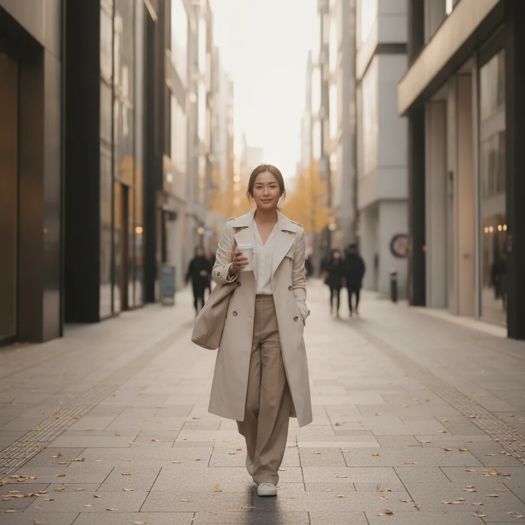 Southeast-Asian patient walking down a Gangnam Seoul street in autumn afternoon light holding a coffee