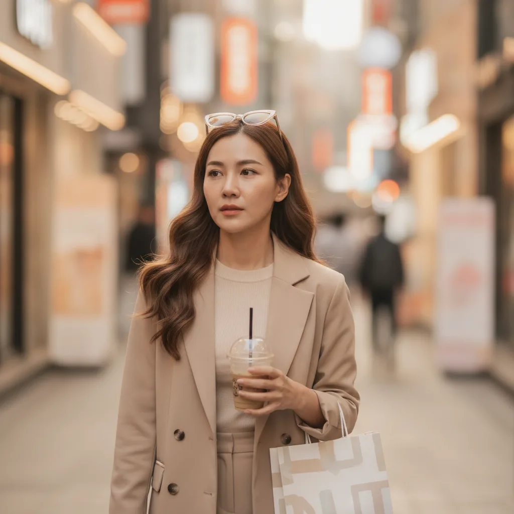 Thai patient walking a Myeongdong shopping street in Seoul in the late afternoon after a medical facial treatment