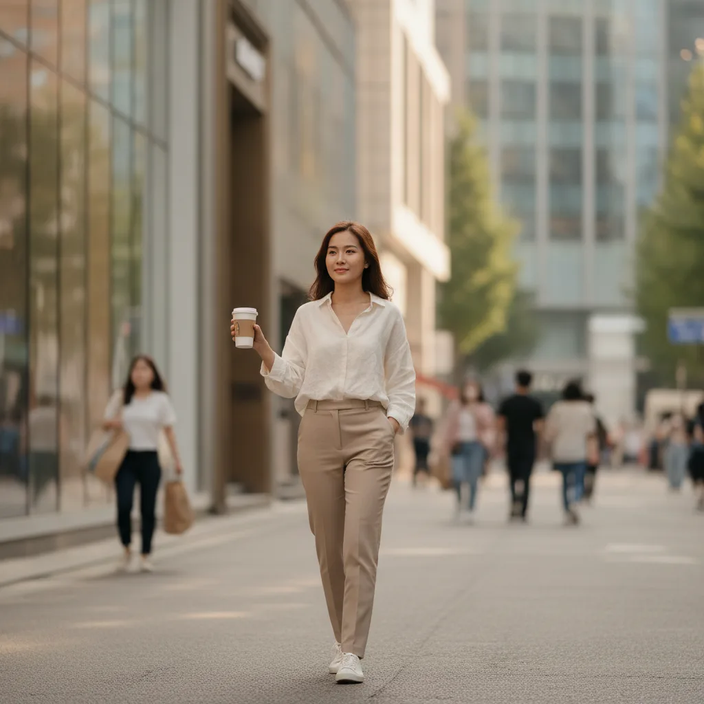 Patient walking a Gangnam Seoul street after an aesthetic consultation