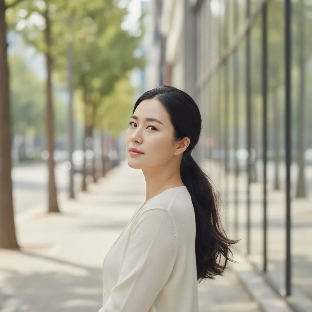 Vietnamese woman in her early thirties with a dense frontal hairline walking an Apgujeong street in Seoul