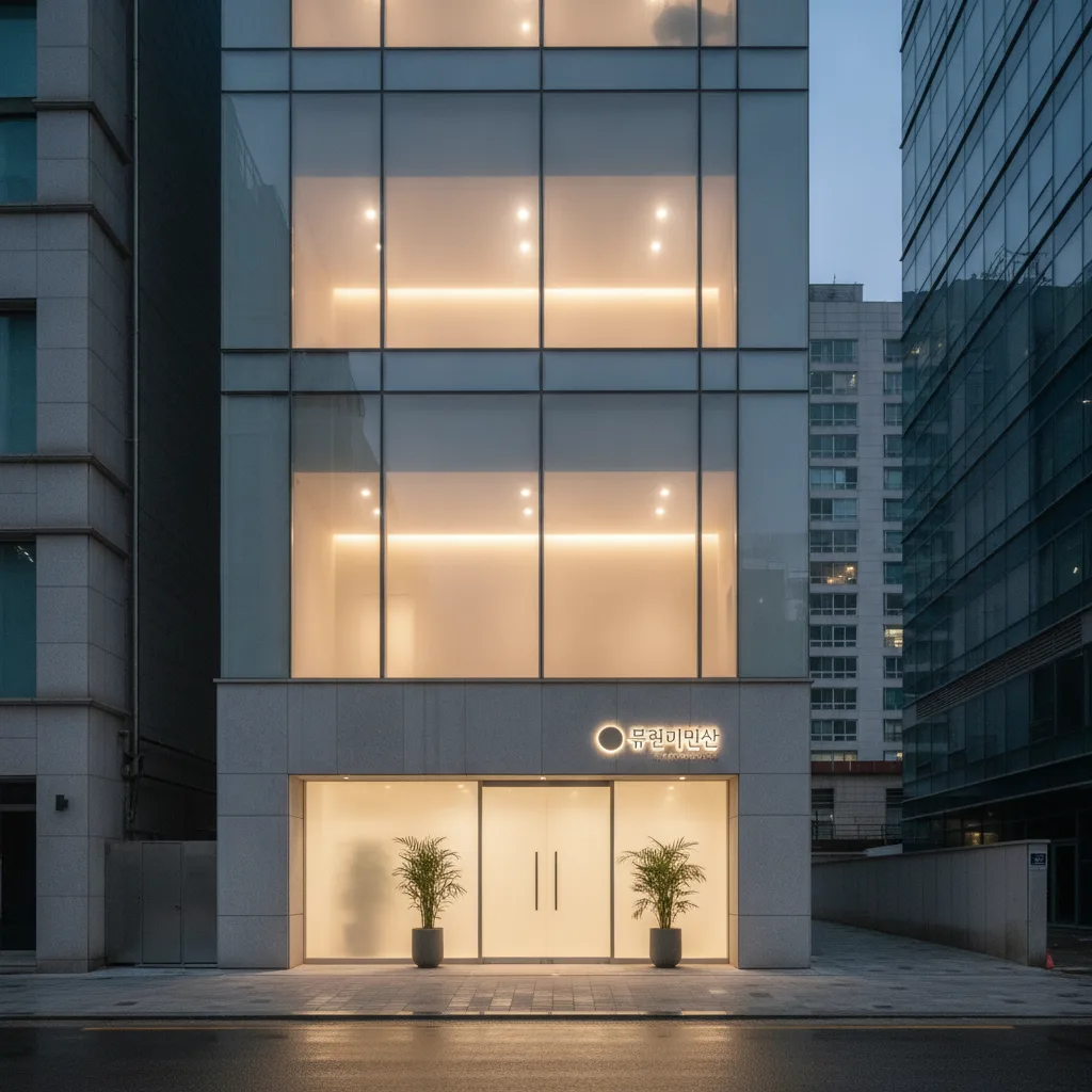 Modern aesthetic clinic exterior at dusk in Gangnam, Seoul, between Gangnam and Sinnonhyeon stations