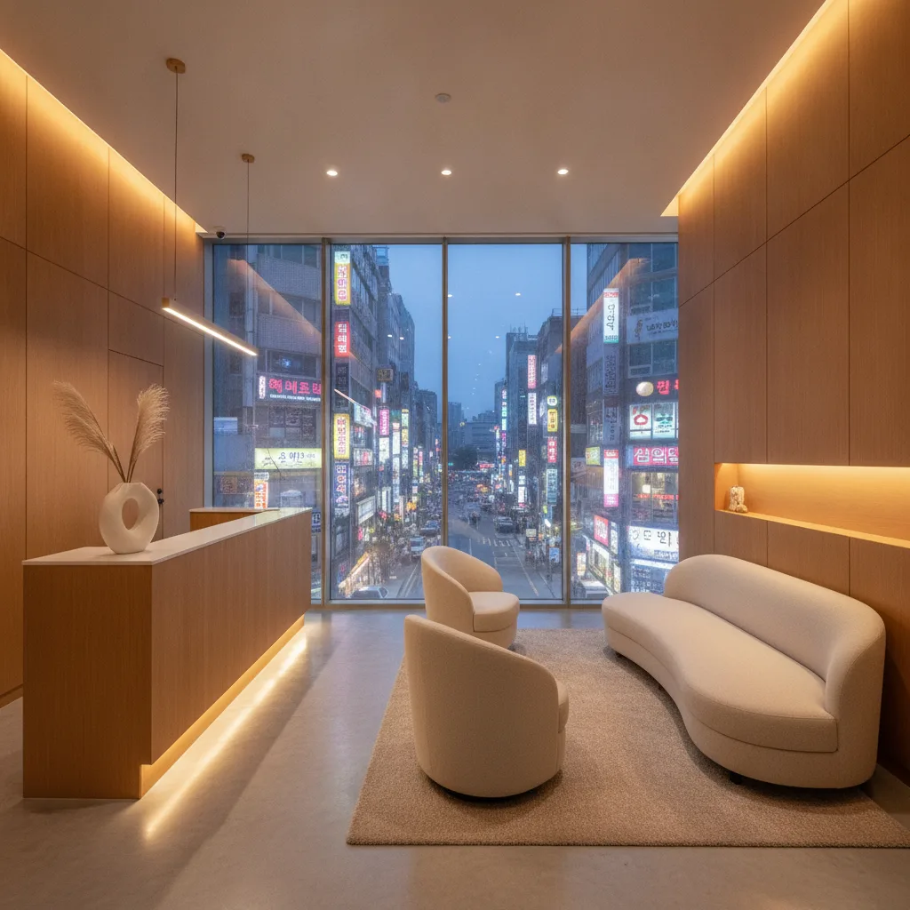 Modern aesthetic clinic reception in Hongdae Seoul at dusk, warm wood tones and floor-to-ceiling windows looking onto the Hongik University street