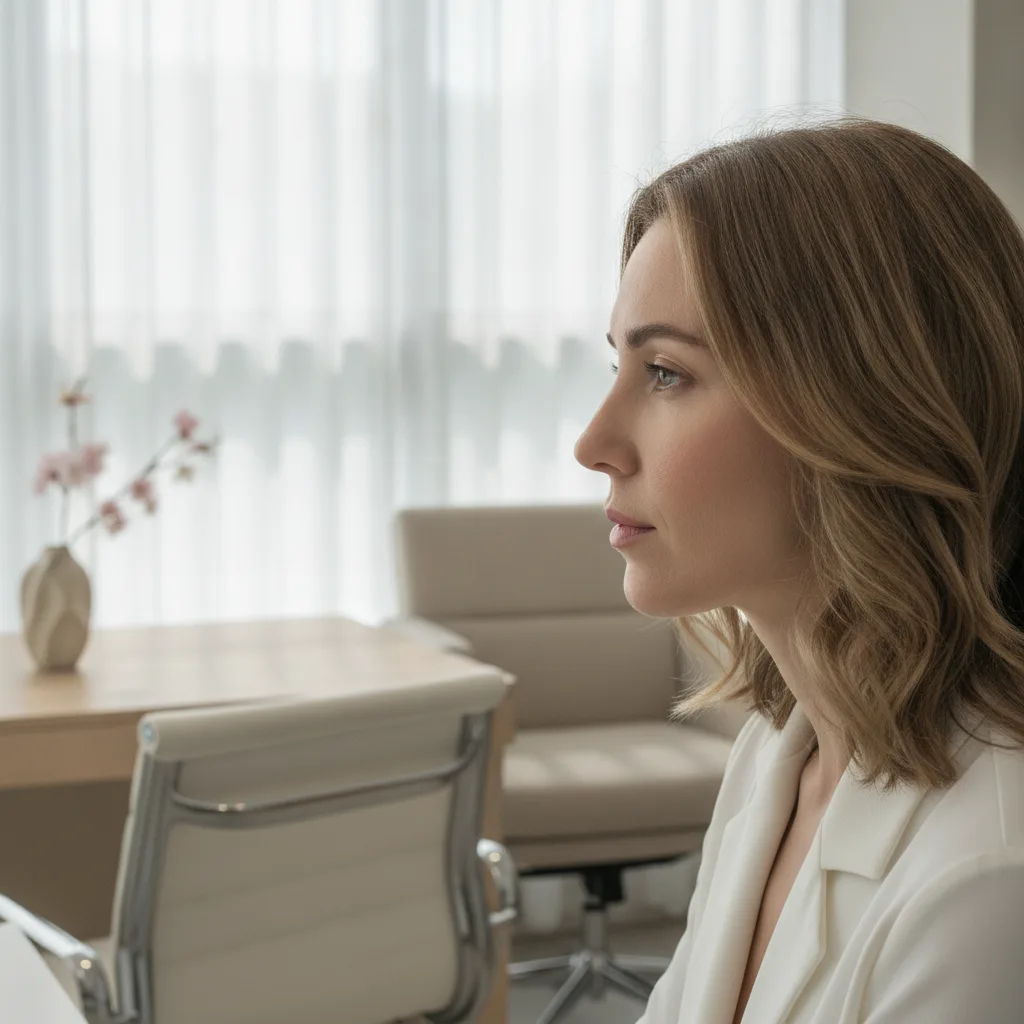 Side profile of a woman in a Seoul plastic surgery consultation room, chin and jawline in focus
