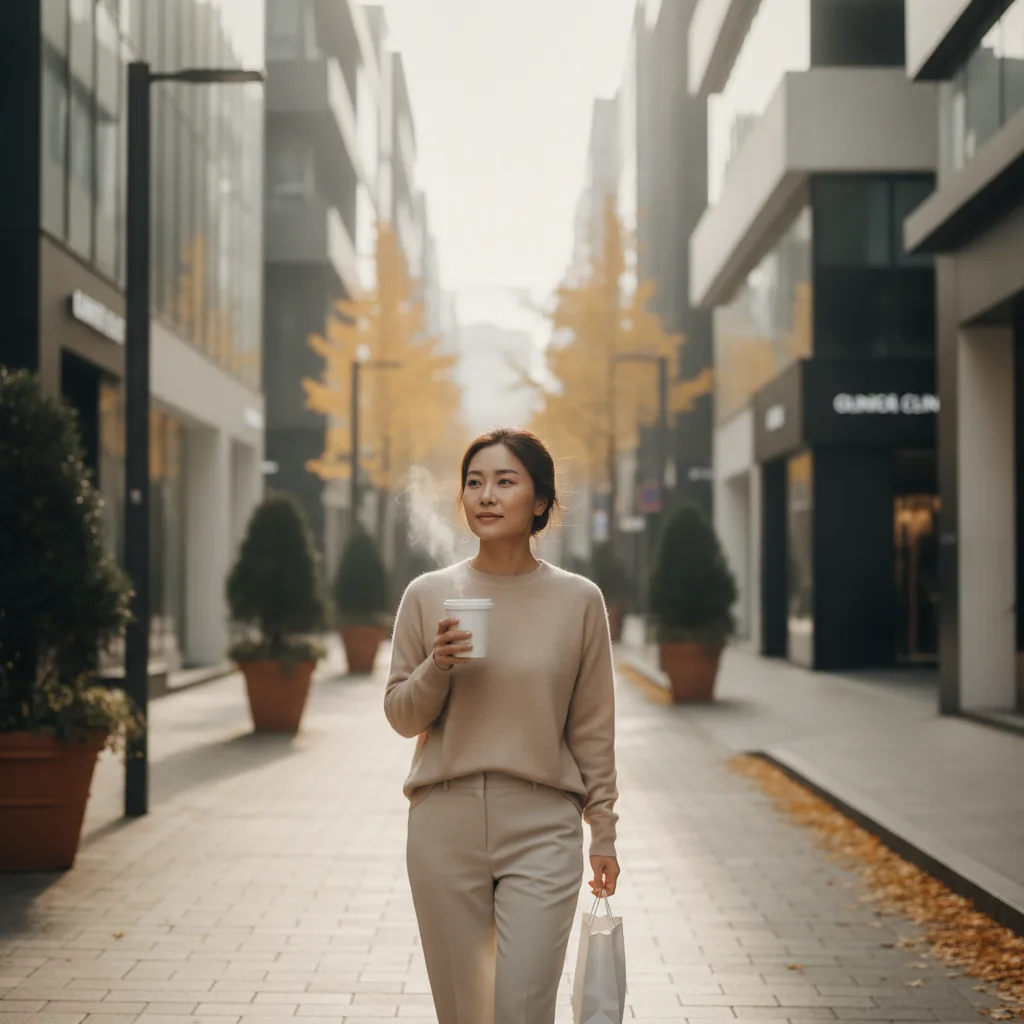 Woman walking a Gangnam street in Seoul between Gangnam and Sinnonhyeon stations after a clinic visit