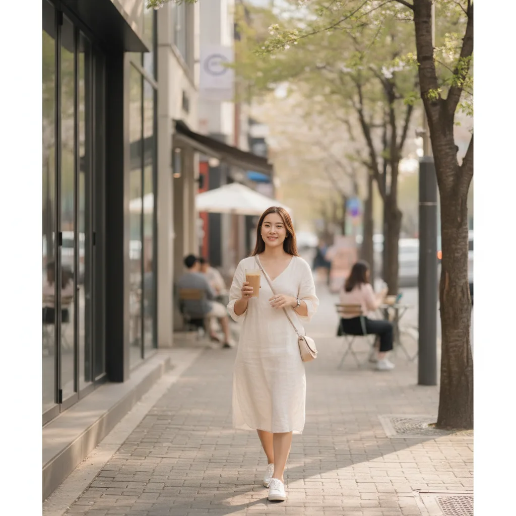Foreign patient walking a Hongdae street in Seoul with iced coffee after an aesthetic clinic visit