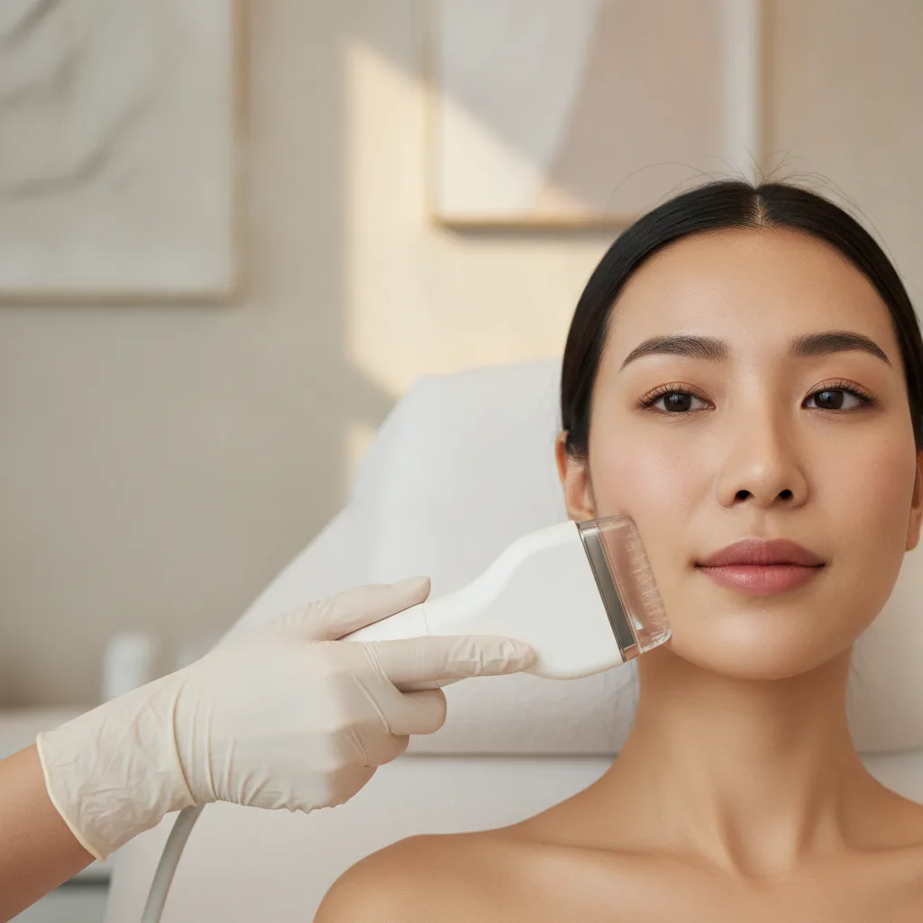 Patient receiving a HIFU skin tightening treatment on her jawline in a minimalist Gangnam clinic treatment room