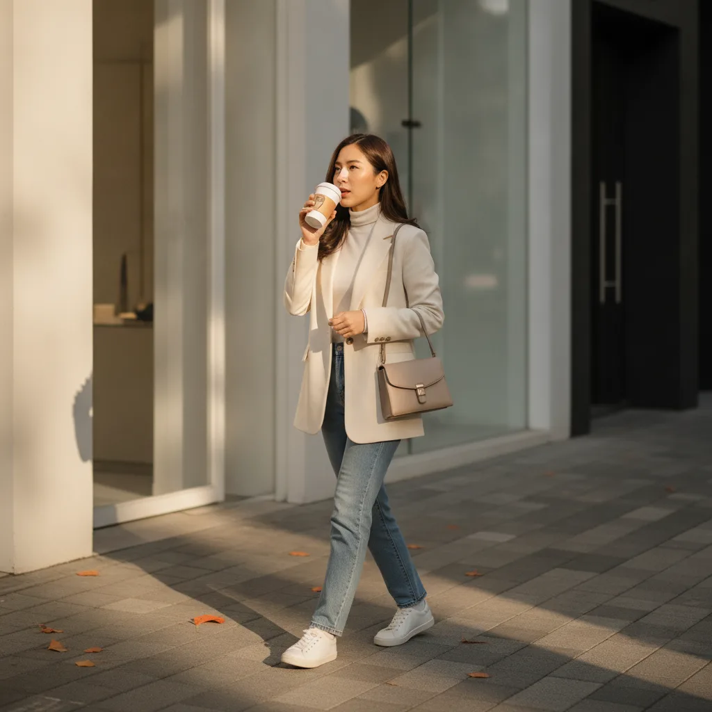 Thai woman walking through Cheongdam Seoul after rhinoplasty with a small nasal splint, carrying coffee