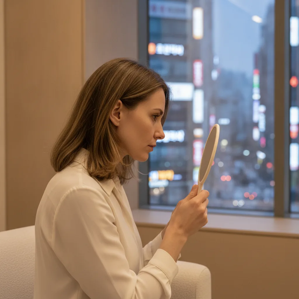 Woman studying her lower jawline in a mirror inside a Seoul plastic surgery consultation room