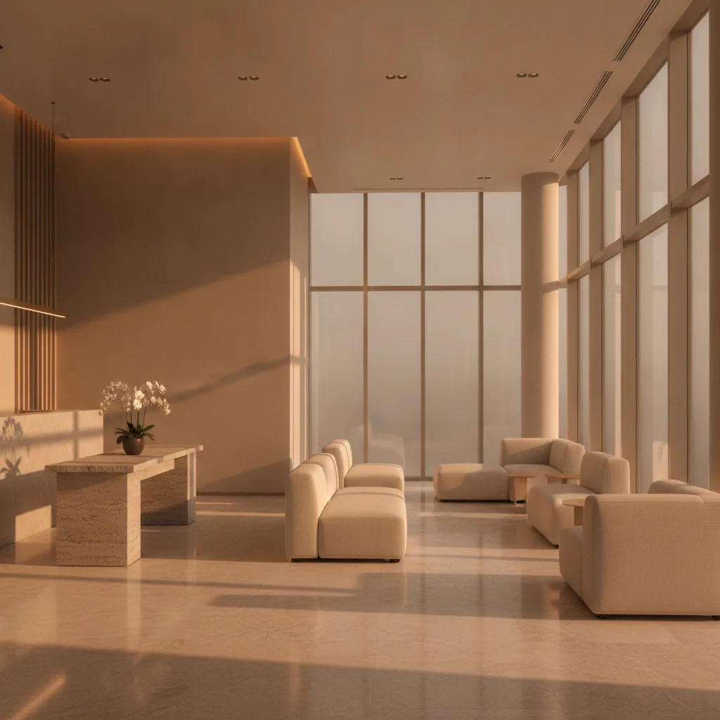 Modern Seoul plastic surgery clinic reception interior at golden hour, warm honey light through tall glass windows