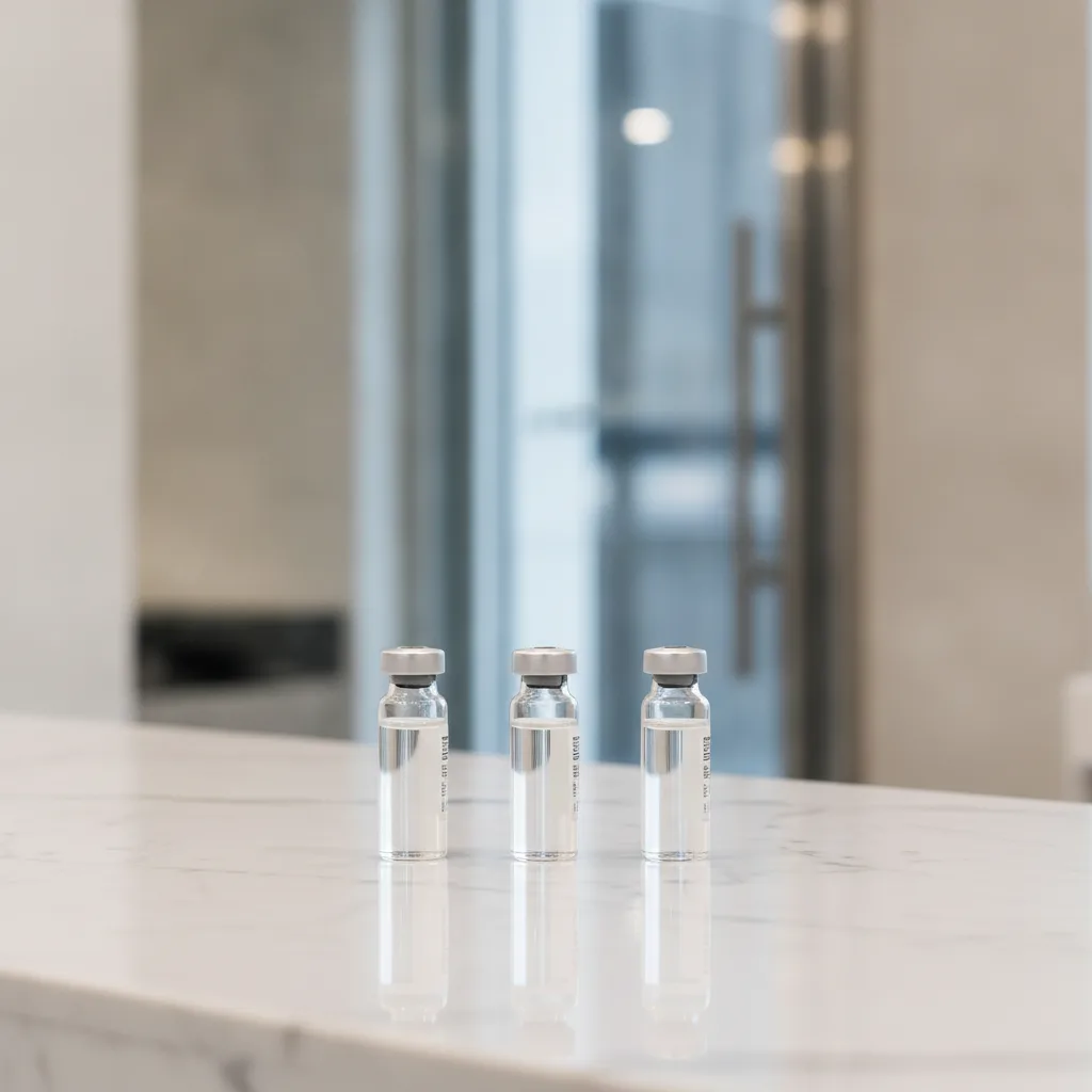 Three Korean botox vials arranged on a white marble clinic counter in a Gangnam Seoul aesthetic clinic