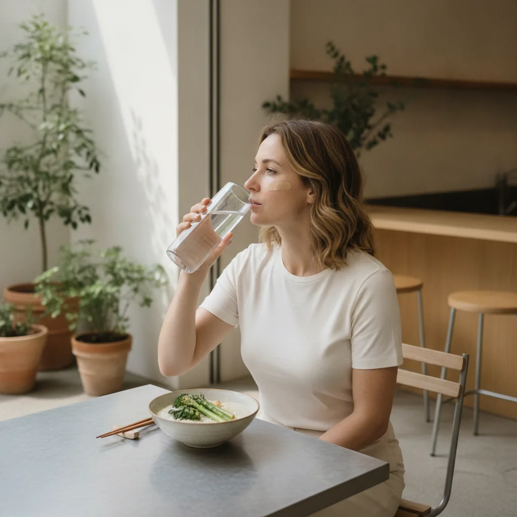 Caucasian woman in her early thirties drinking water at an outdoor Apgujeong cafe with a bowl of light rice porridge after a clinic visit