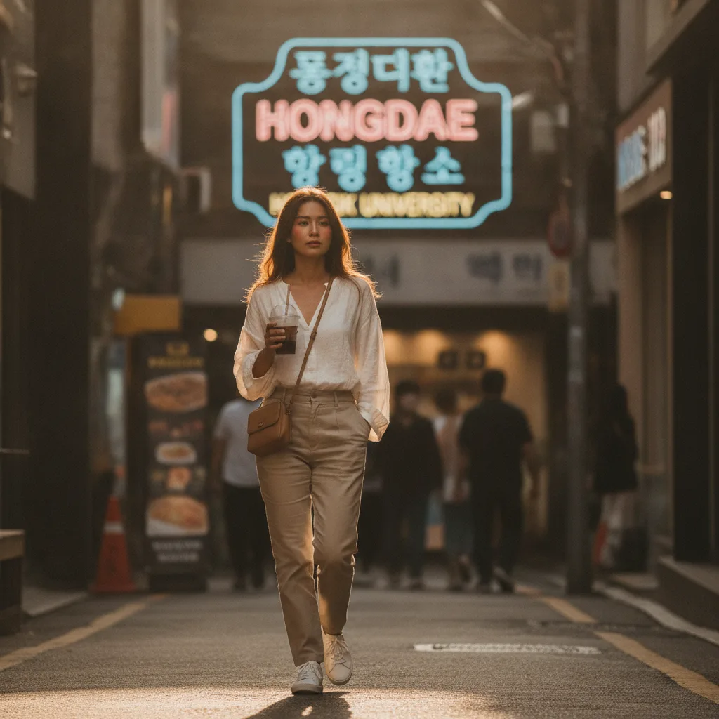 Thai woman in her late twenties walking a Hongdae side street in Seoul with iced coffee during golden hour after a clinic visit