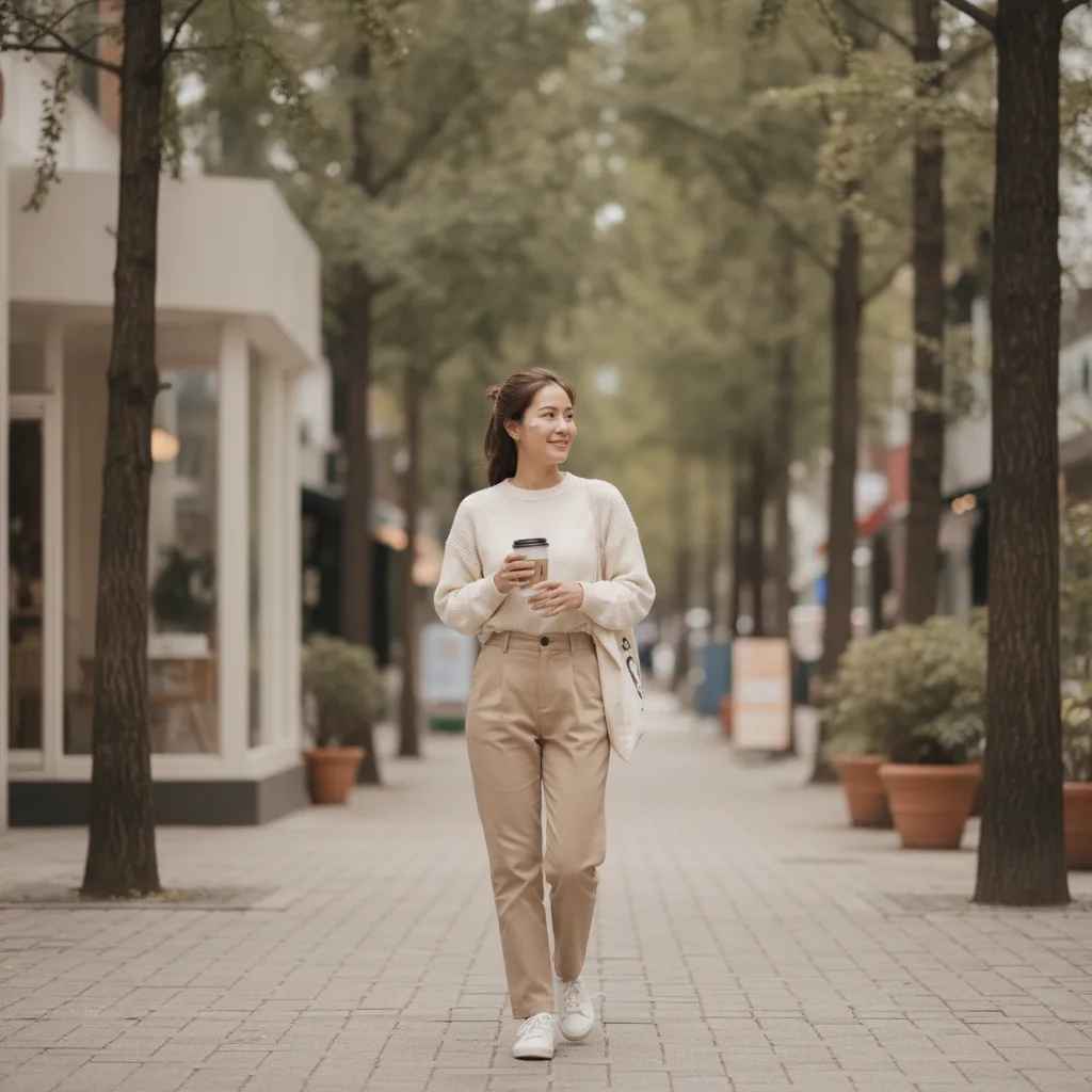 Thai woman walking a Hongdae street with a takeaway coffee after a clinic visit