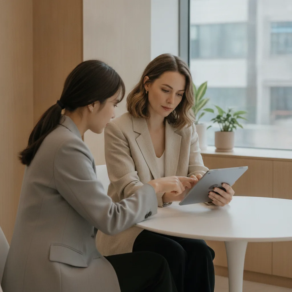 Patient reviewing treatment options with a Korean clinic coordinator in a Hongdae consultation room