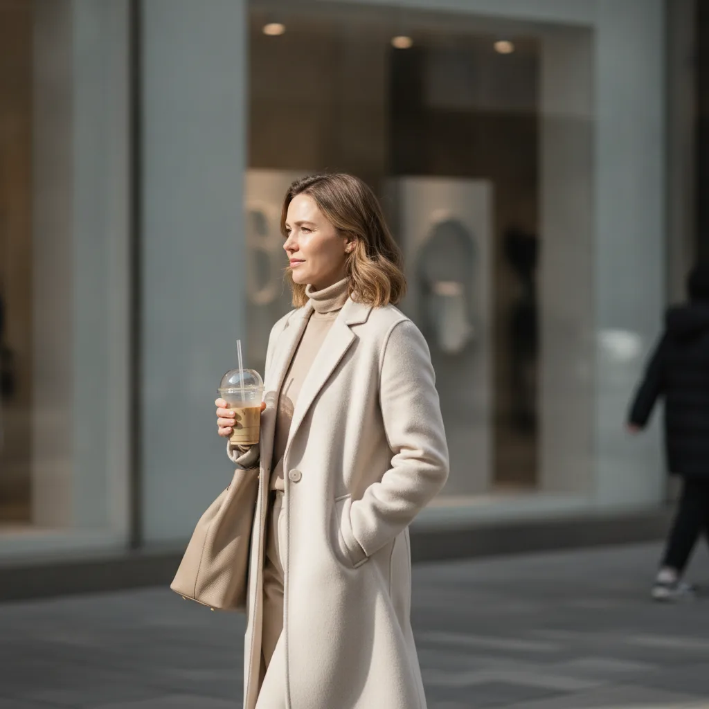Western woman walking Teheran-ro in Gangnam Seoul with iced coffee after a clinic visit