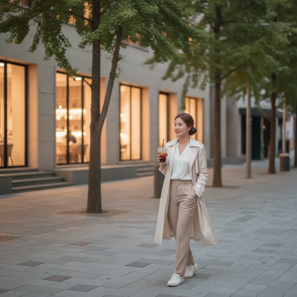 Thai woman walking an Apgujeong Rodeo street at dusk after a Seoul filler appointment, holding an iced coffee
