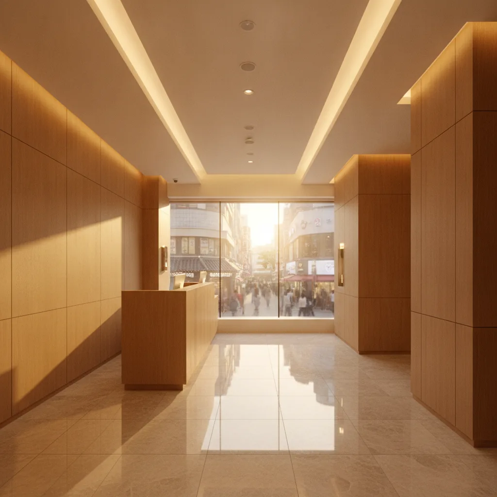 Daybeau Clinic Myeongdong reception in Seoul at golden hour, warm wood and marble interior