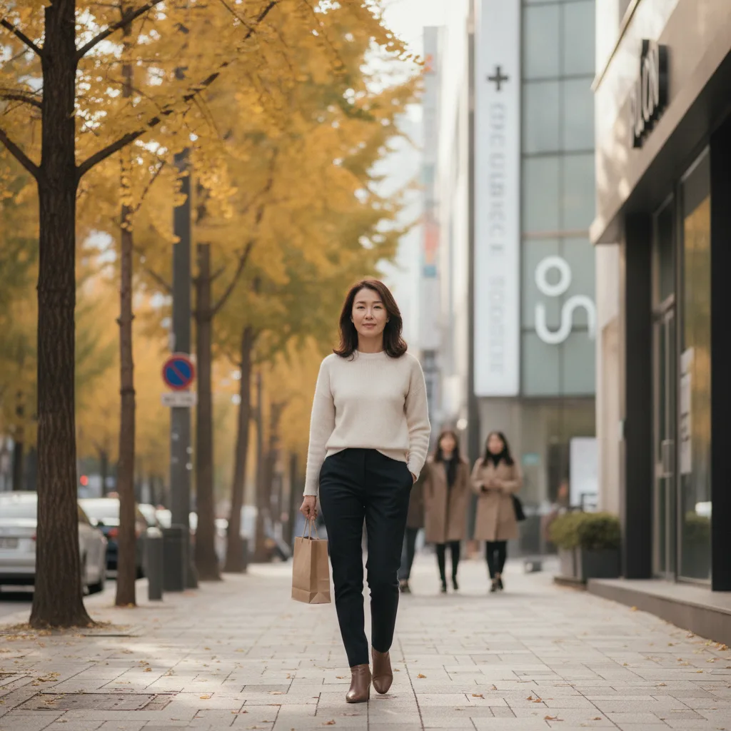 A patient walking through Apgujeong after breast augmentation recovery