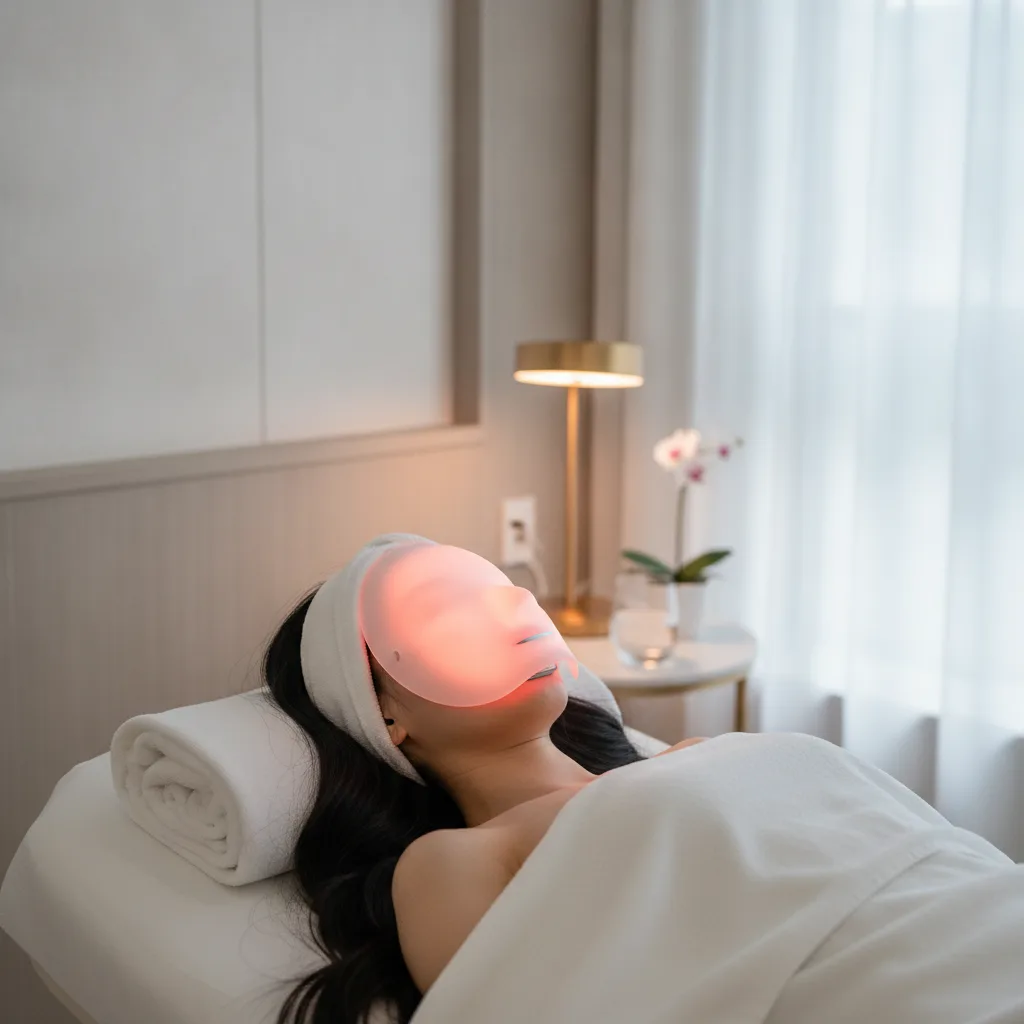 Taiwanese patient receiving a non-invasive medical facial in a private treatment room at a premium aesthetic clinic in Myeongdong Seoul