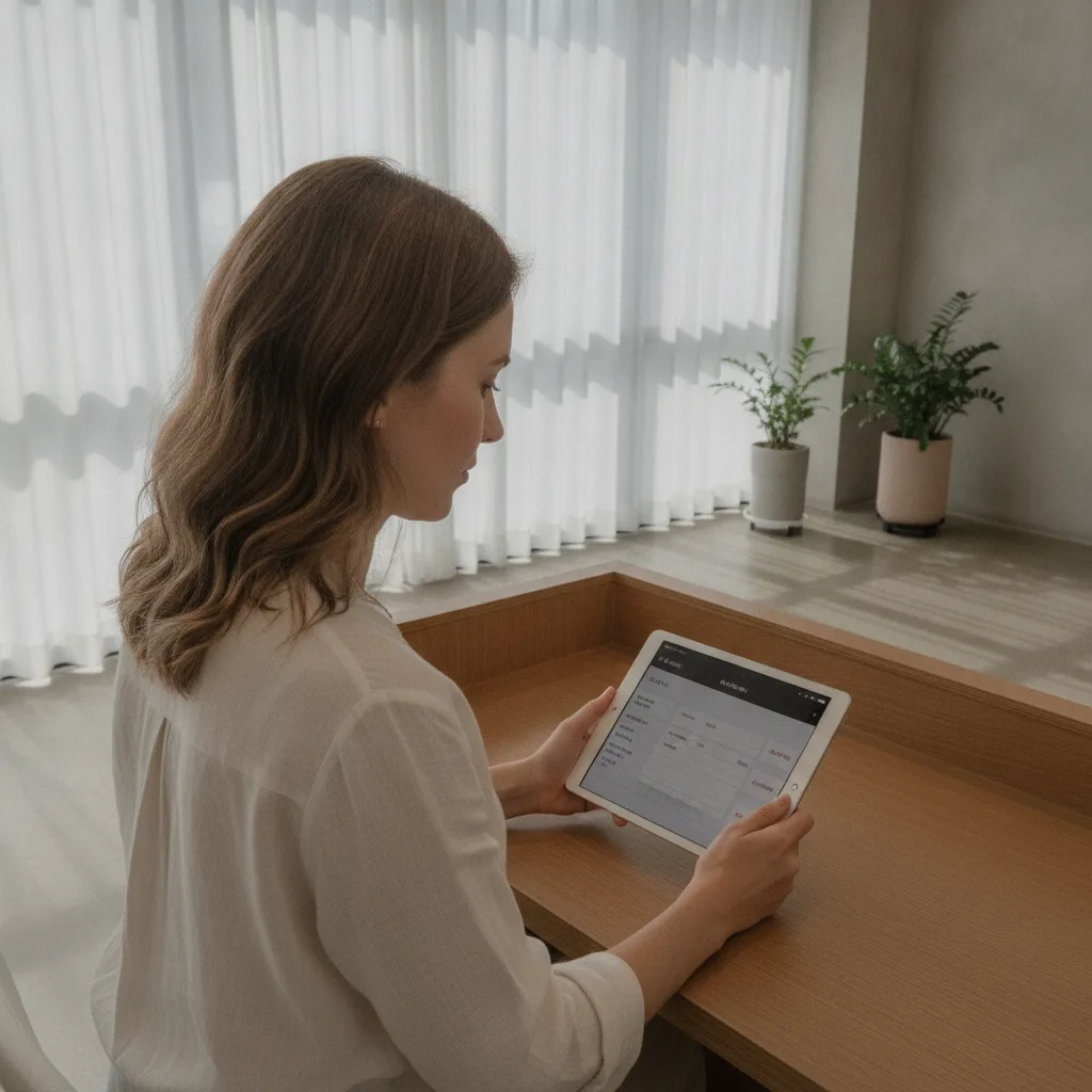 Foreign patient reviewing a booking form and price menu at a Seoul aesthetic clinic reception