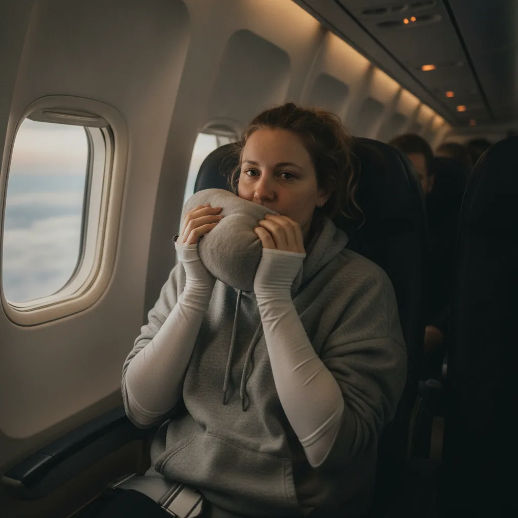 Caucasian woman in a loose grey hoodie seated in an airline window seat holding a small pillow against her lower face, mild post-op swelling.