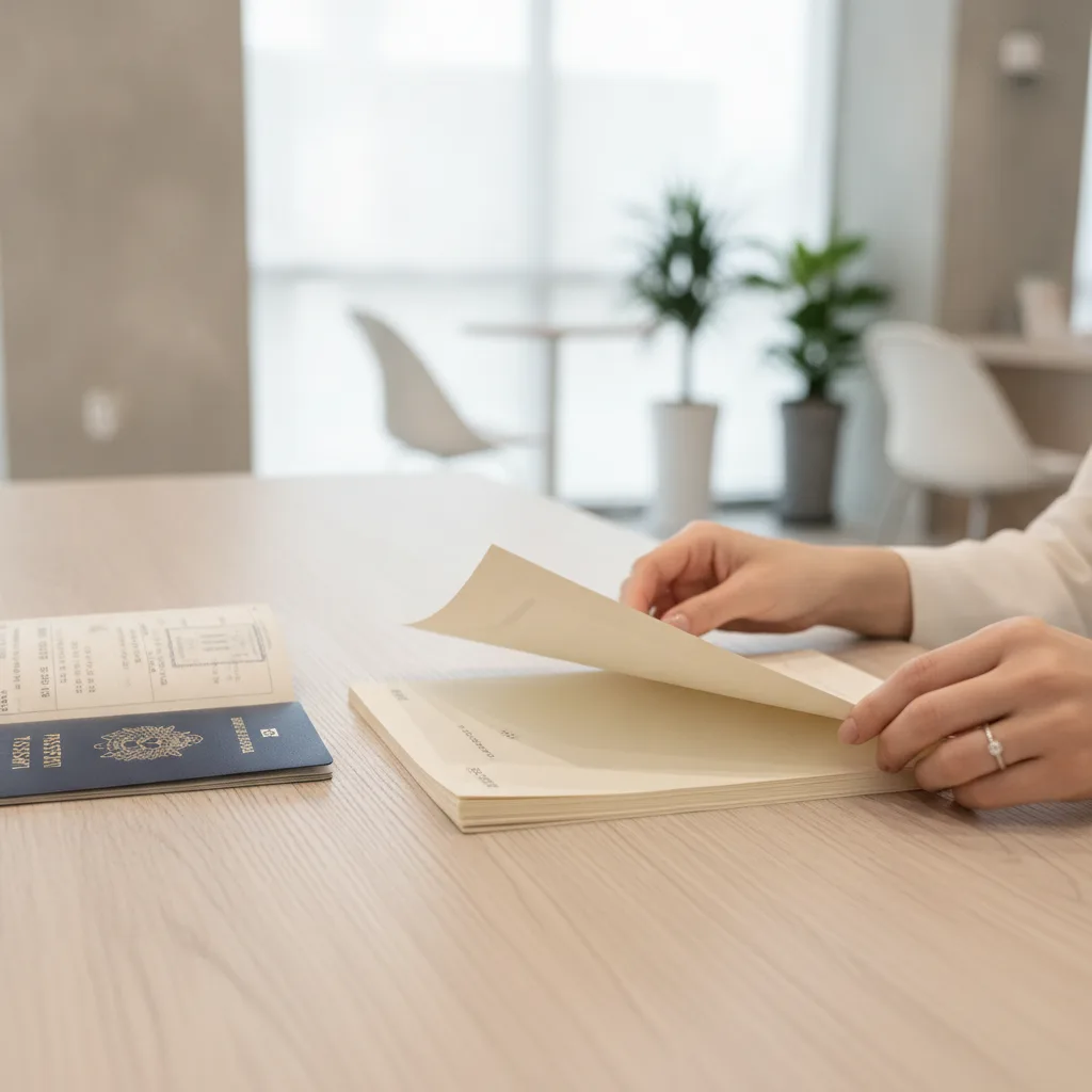 Close-up of hands reviewing clinic documents and a passport on a wooden desk inside a Seoul aesthetic clinic.