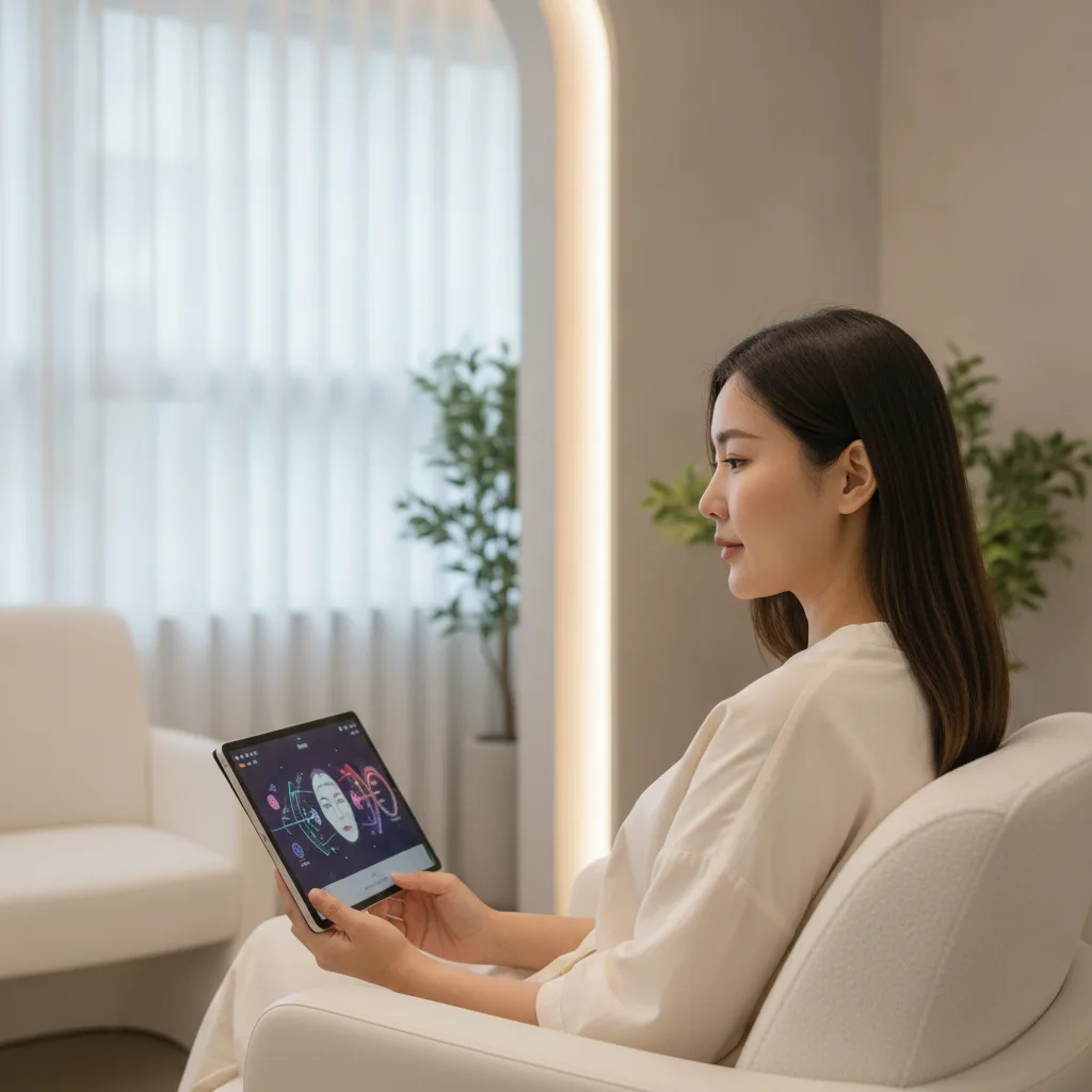 Thai woman reviewing an AI skin diagnosis tablet during consultation at a Gangnam clinic