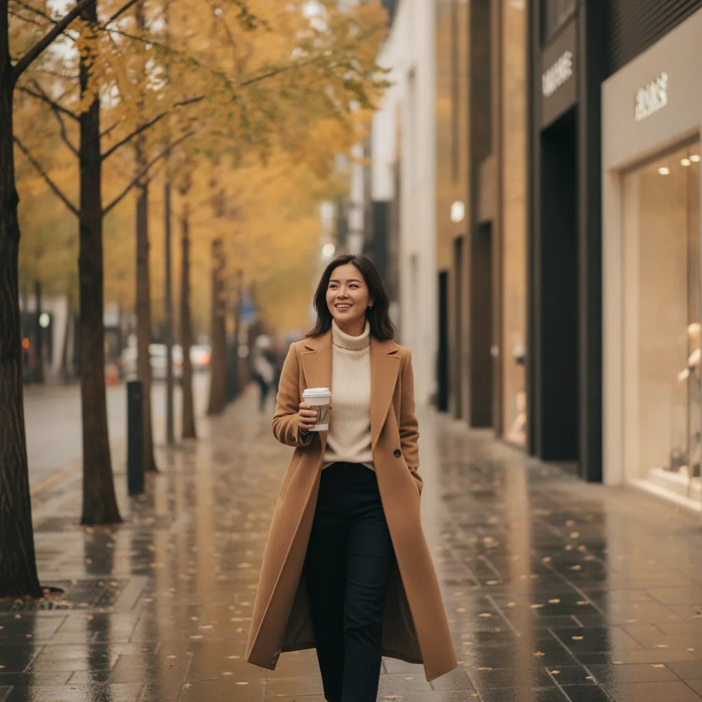 A Thai woman in her late twenties walking an Apgujeong Rodeo street in Seoul in autumn after a botox treatment