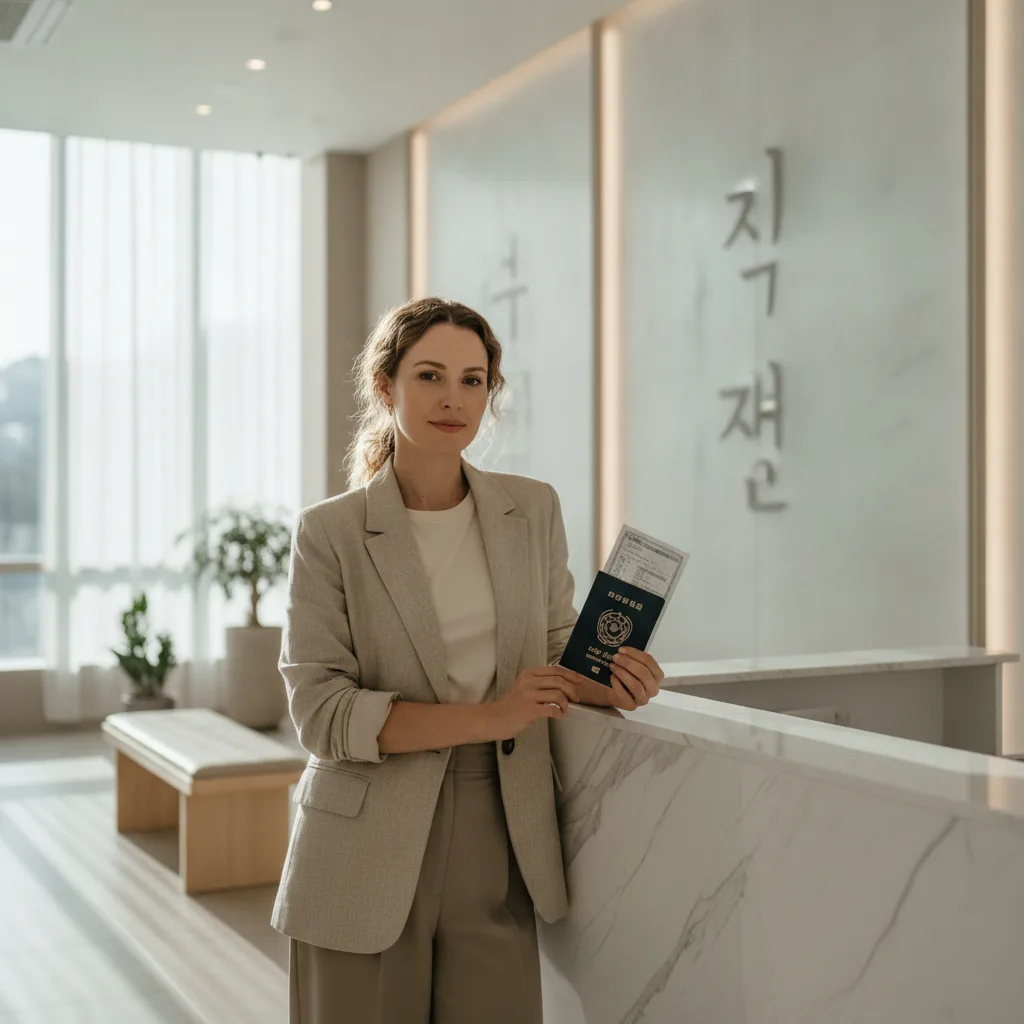 Foreign patient arriving at a Seoul plastic surgery clinic lobby with passport and visa documents in hand