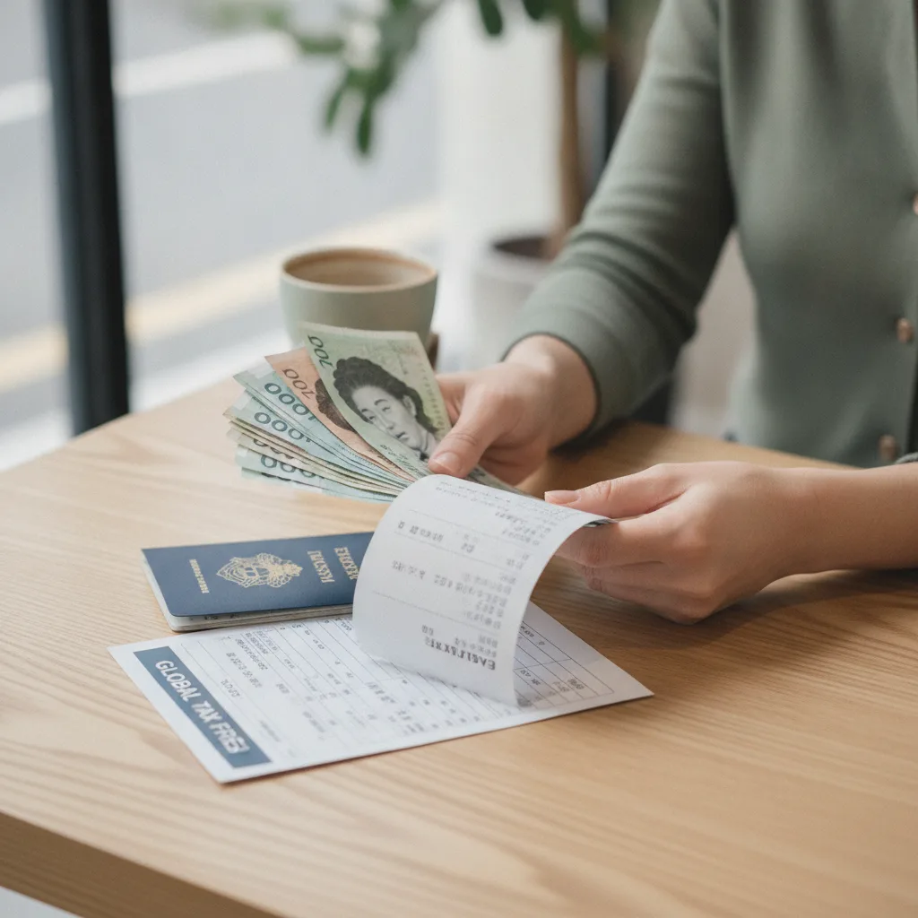 Caucasian woman's hands holding Korean won banknotes and printed clinic receipts on a wooden café table.