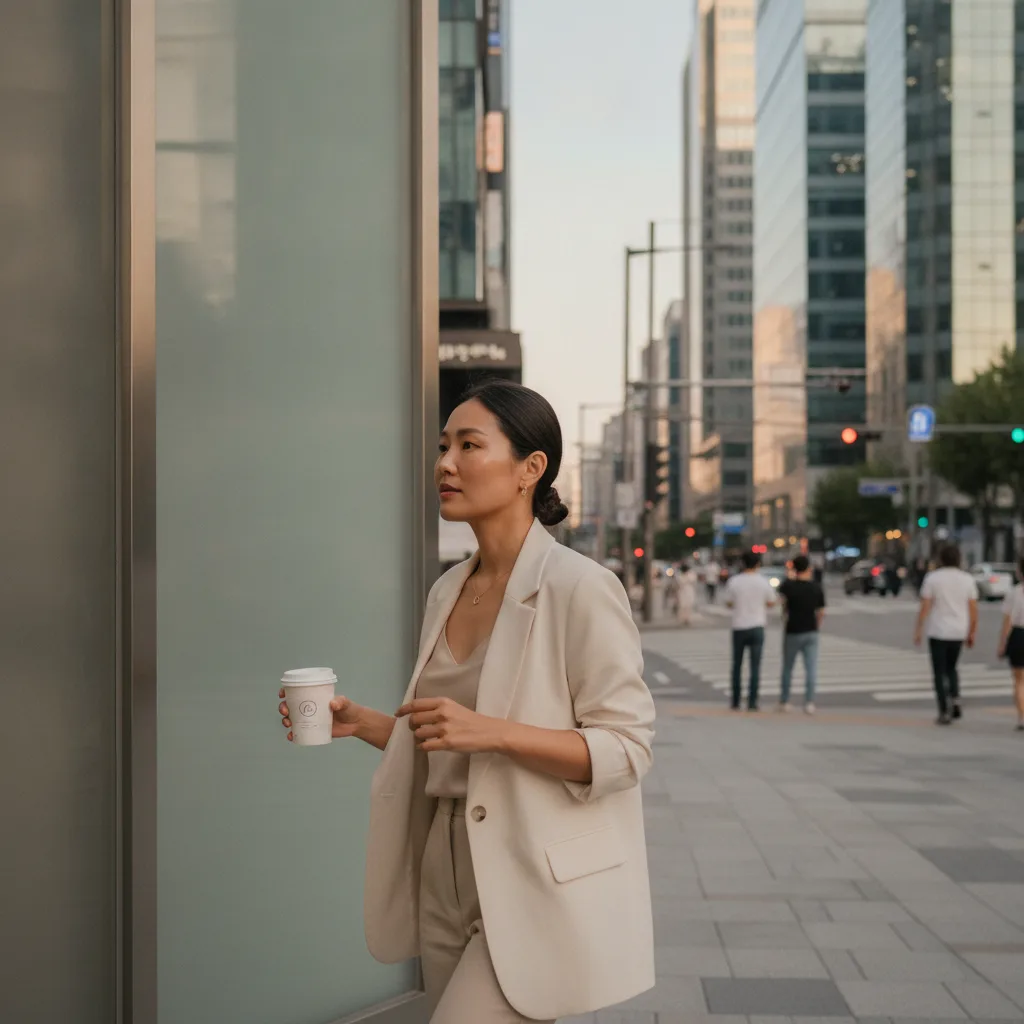 Patient leaving a modern aesthetic clinic in Sinnonhyeon, Seoul in the late afternoon