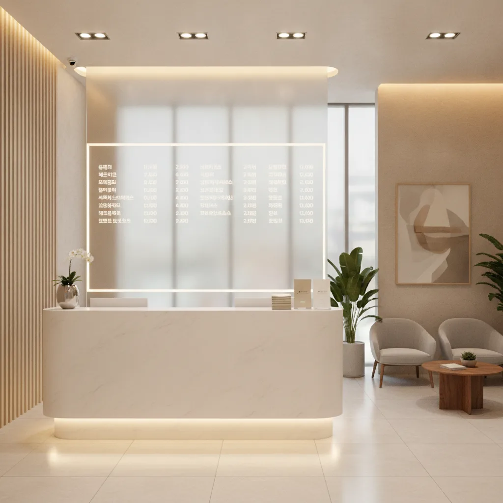 Gangnam Seoul aesthetic clinic reception with glass price menu board, soft overhead lighting