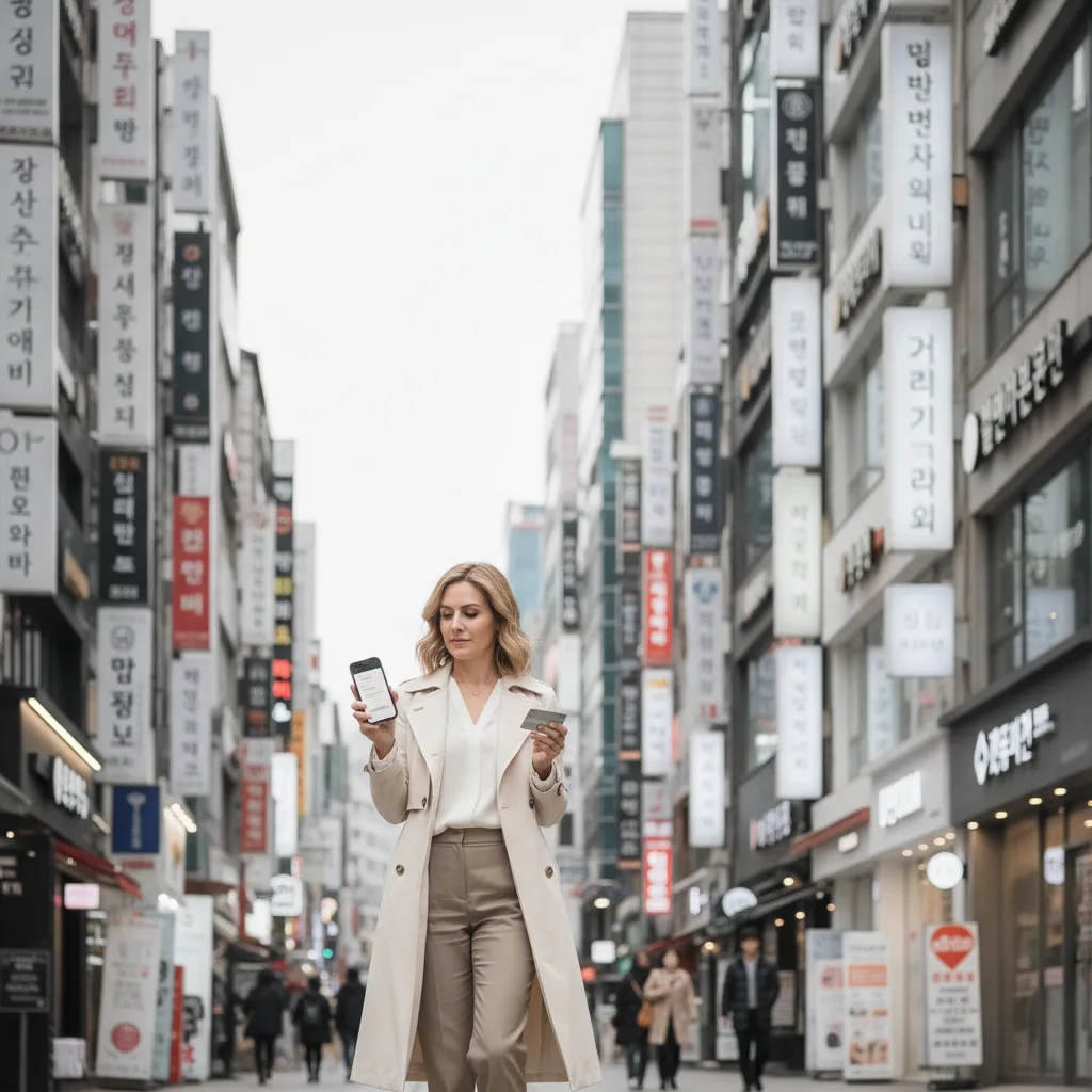 Foreign patient walking a Sinnonhyeon clinic street with phone and credit card after consultation