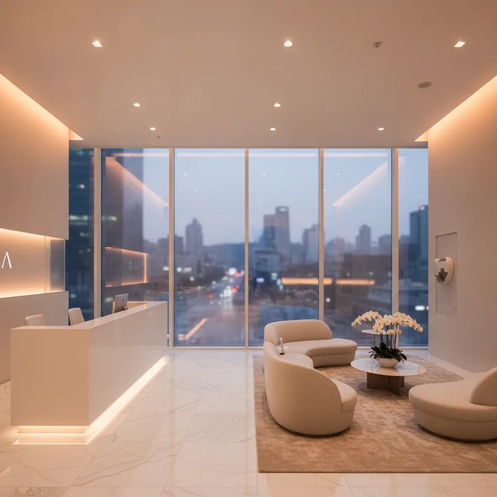 Modern Gangnam plastic surgery clinic reception at dusk in Seoul with warm interior lighting through glass facade