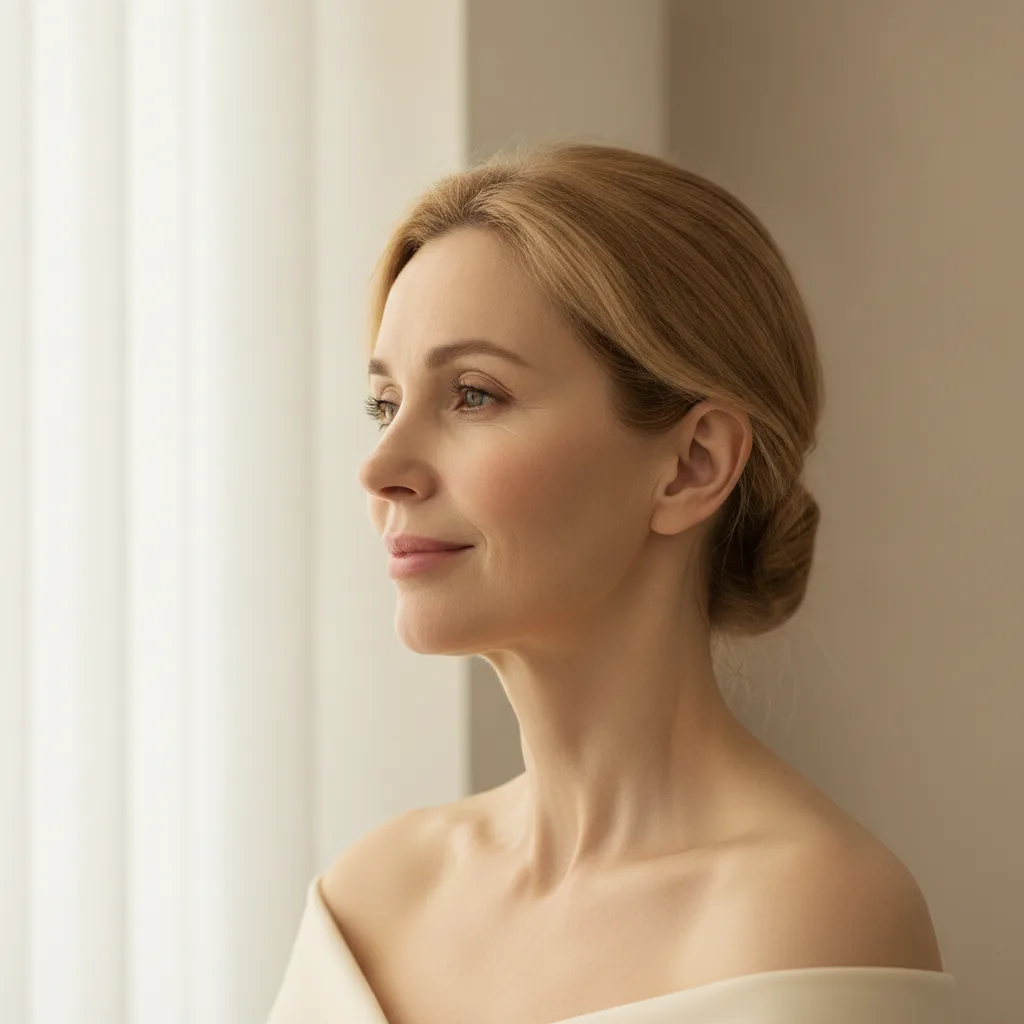 Close-up profile of a Caucasian woman in her early fifties focused on jawline and neck, soft diffused window light