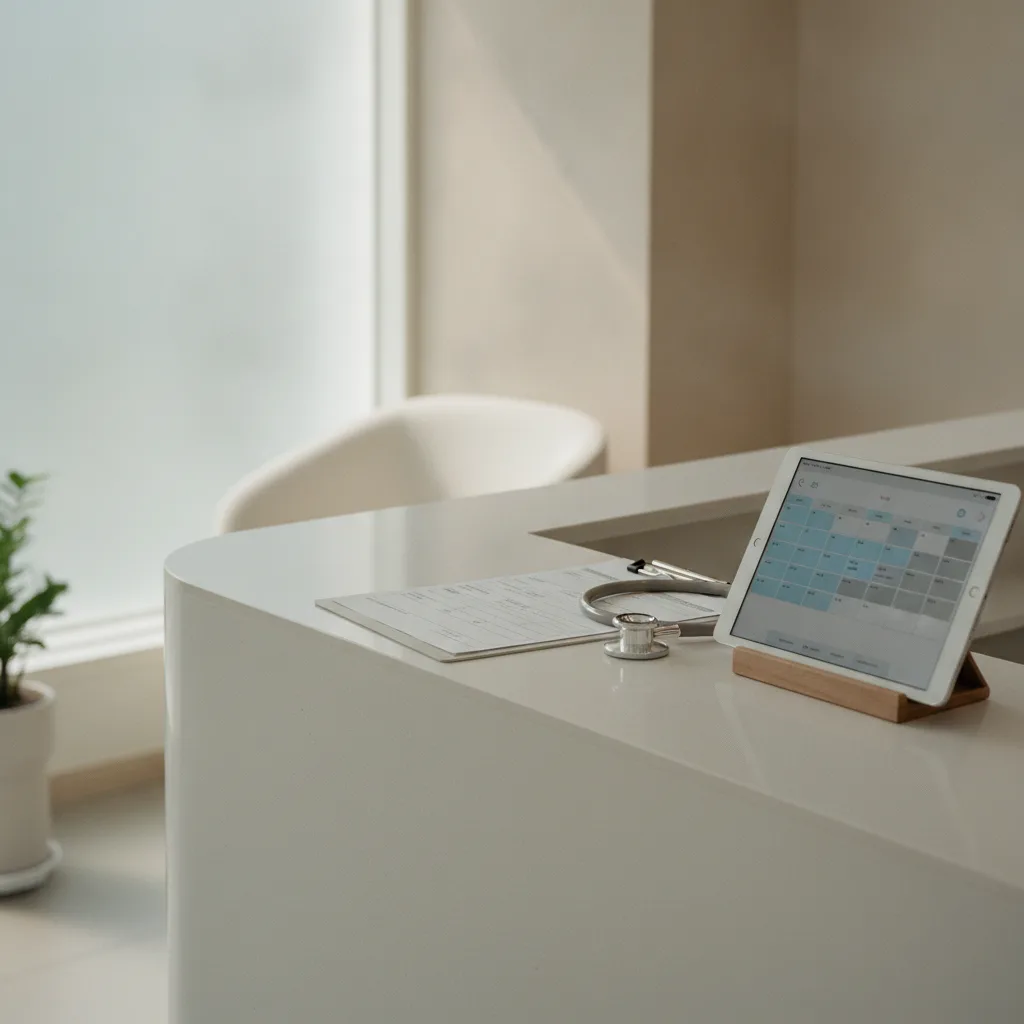 Seoul plastic surgery clinic reception desk with insurance paperwork, clipboard, and a tablet showing a surgery calendar