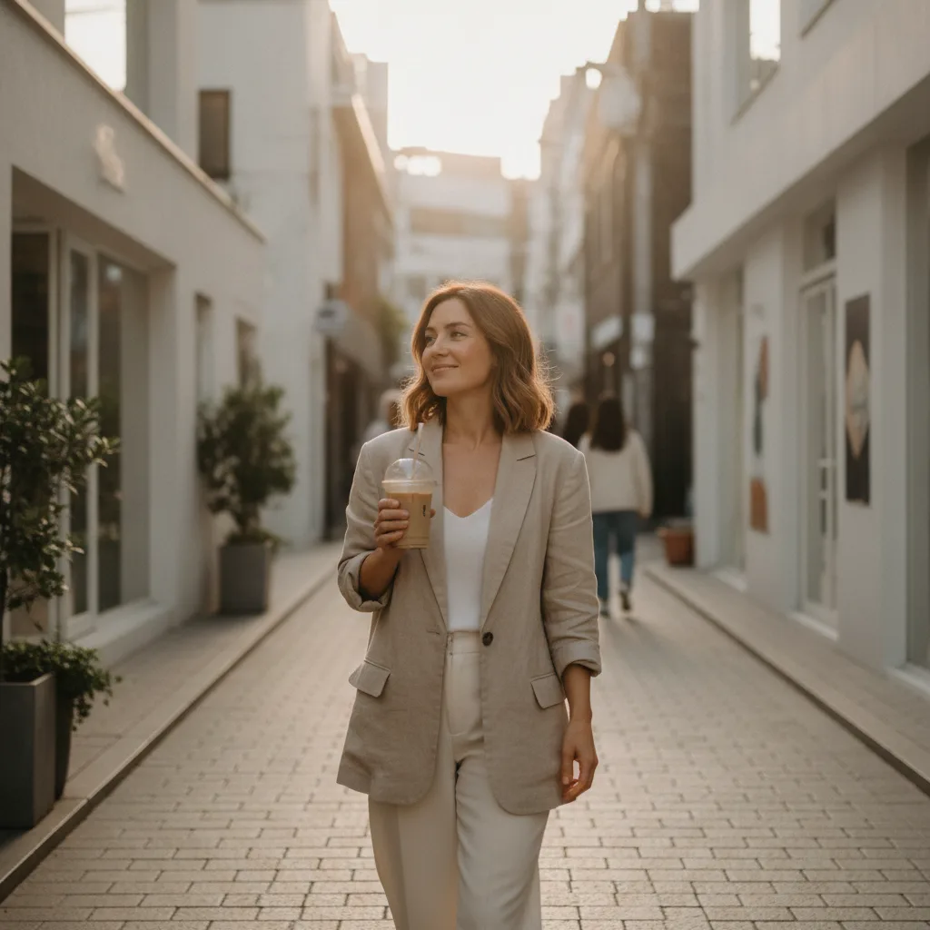 Western woman walking a Hongdae side street in Seoul with iced coffee during golden hour after a clinic visit