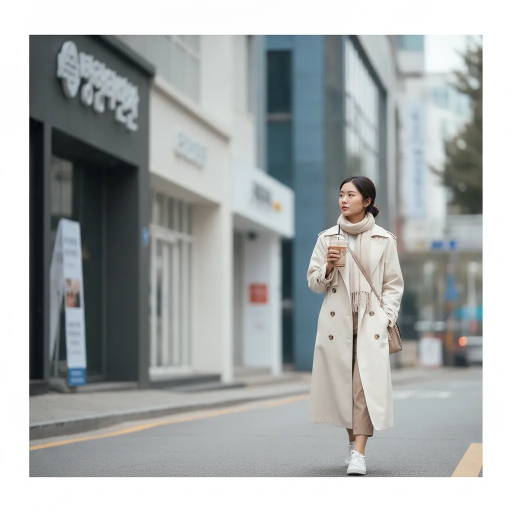 A pan-Asian woman walking down a Sinnonhyeon street in Seoul after a clinic visit