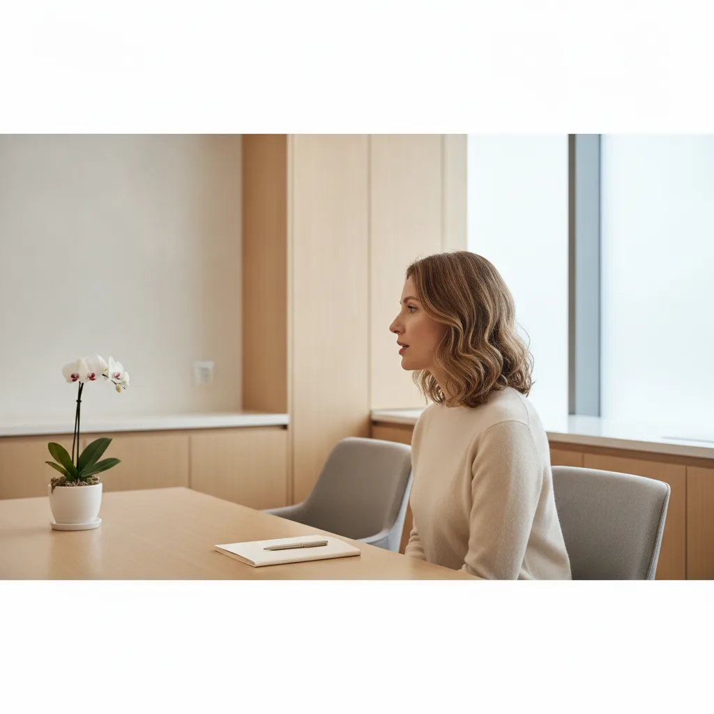 Caucasian woman in profile during a rhinoplasty consultation at a Sinsa plastic surgery clinic