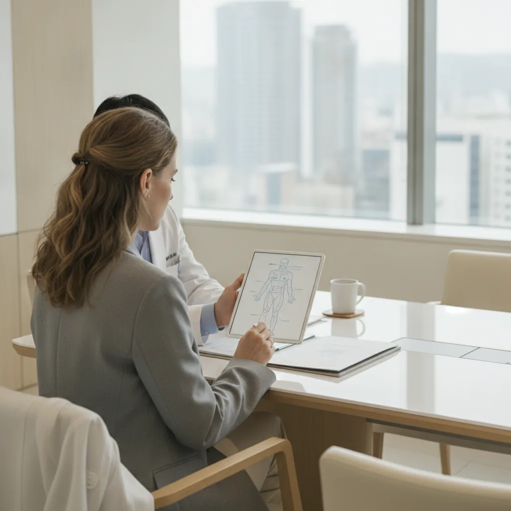 Western female patient reviewing body contouring diagram with surgeon in a Gangnam consultation room