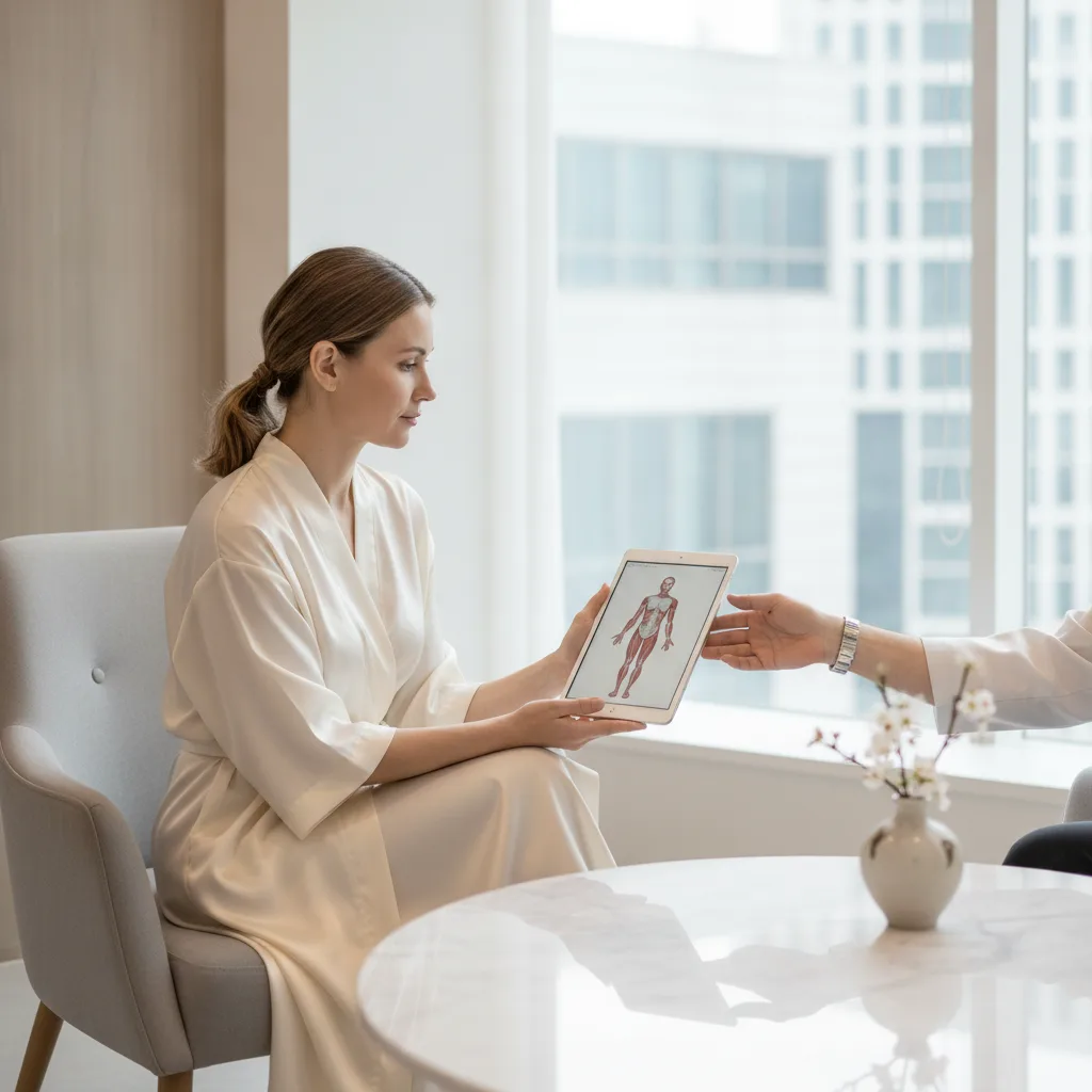 Caucasian woman in her late thirties reviewing a mommy makeover plan with a surgeon in a Gangnam Seoul clinic