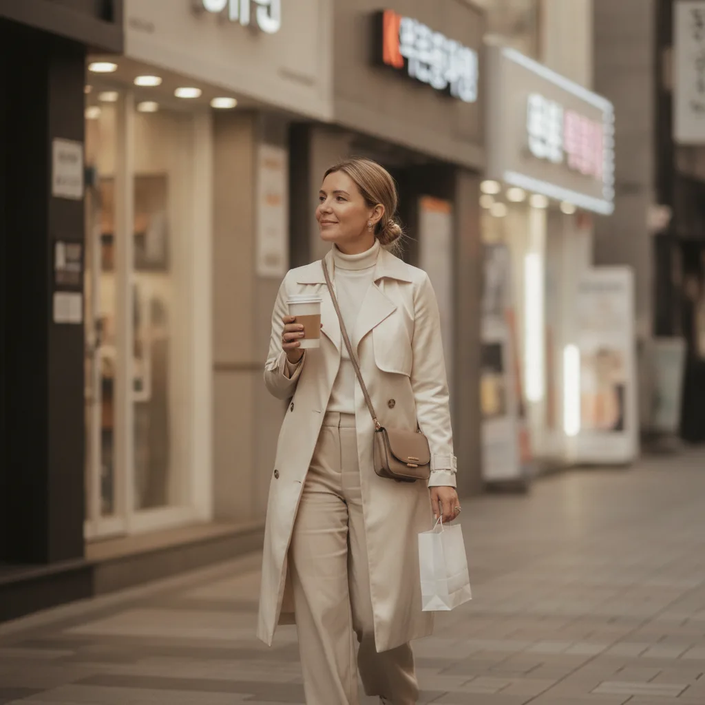Patient walking a Gangnam street in Seoul after an aesthetic treatment, holding a takeaway coffee